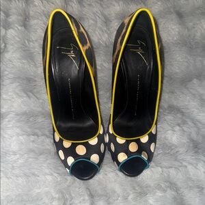 Giuseppe Zanotti Black and White Polka Dot Heels with Yellow Trim